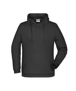 A men's hoodie in black with a kangaroo pocket and a drawstring hood, featuring a branding logo.