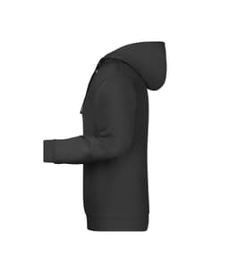 A black men's hoodie featuring a hood and front pockets, displayed from the side.