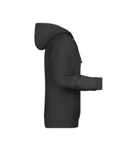 A black men's hoodie featuring a kangaroo pocket and a hood. Includes a logo on the fabric.