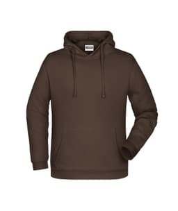 A brown men's hoodie with a front pocket and a hood. It features a logo on the label.