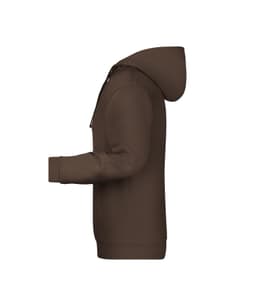 A brown men's hoodie displayed in profile, featuring a hood and long sleeves. It has a logo on the front.