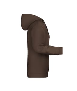 A brown men's hoodie with a kangaroo pocket and a hood, featuring a logo on the side.