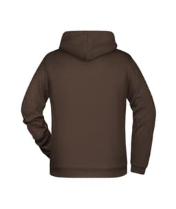 A brown men's hoodie featuring a hood and long sleeves, with a logo on the back.