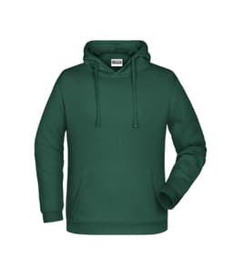 A men's hoodie in dark green featuring a front pocket and a drawstring hood. It has a logo on the chest.