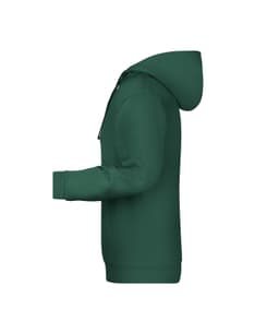 A green men's hoodie with a hood and front pocket, displayed in profile. It has a logo present.