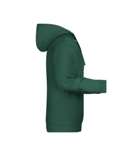 A green men's hoodie with a zip and a hood, featuring long sleeves and a fitted design. It has a logo on it.