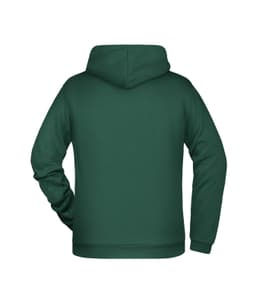 A green men's hoodie with a spacious hood and a relaxed fit, featuring a brand logo on the back.