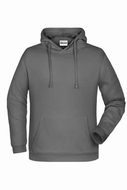 A grey men's hoodie with a front pocket and a drawstring hood, featuring a branding logo.