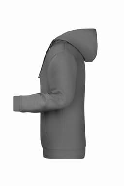 A grey men's hoodie with a kangaroo pocket and a hood, featuring a logo on the front.