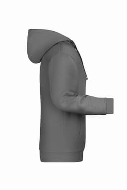 A grey men's hoodie featuring a front pocket and a drawstring hood, with a logo on it.