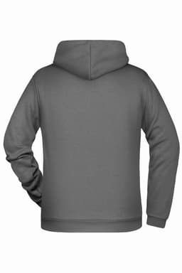 A grey men's hoodie with a full back and a drawstring hood. It features long sleeves and has a logo.