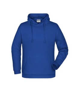 A blue men's hoodie featuring a front pocket and a drawstring hood. It has a logo on it.