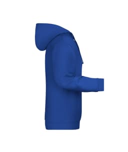 A blue men's hoodie featuring a hood, long sleeves, and a front pocket design. It includes a logo on the front.