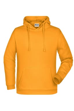 A yellow men's hoodie with a drawstring hood and a front pocket. It has a branding logo.