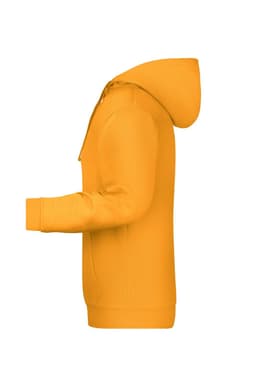 A side view of a men's hoodie in bright yellow, featuring a hood and a front pocket, with a logo present.