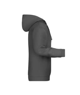 A grey men's hoodie featuring a front pocket and hood, with a logo on the upper left side.