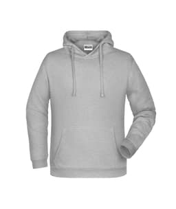 A grey men's hoodie featuring a front pocket and a drawstring hood, with a branding logo present.