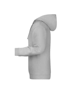 A grey men's hoodie featuring a kangaroo pocket and a hood, with a simple design and fitted sleeves.