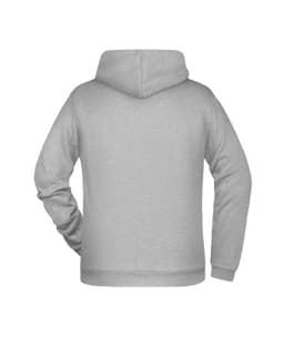 A grey men's hoodie with a back view, featuring a hood and a smooth fabric finish. It includes a logo.