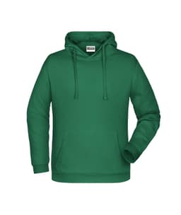 A green men's hoodie featuring a front pocket and a hood with drawstrings. It has a logo on the front.