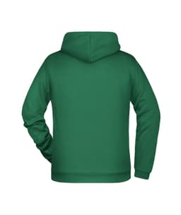 A green men's hoodie with a spacious hood and long sleeves, featuring a plain back and a logo.