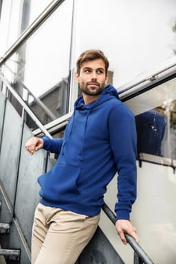 A men's hoodie in navy blue with a front pocket and adjustable drawstring hood, featuring a logo.