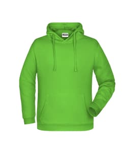 A bright green men's hoodie featuring a front pocket and a drawstring hood. It has a logo.
