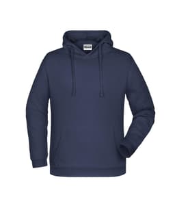 A navy blue men's hoodie featuring a front pocket and drawstring hood, with a logo on the chest.