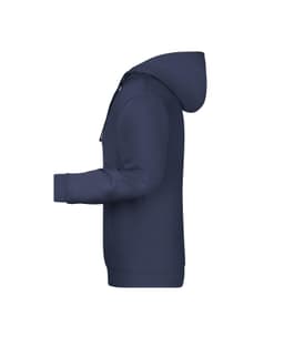 A navy men's hoodie featuring a front pouch pocket and a drawstring hood. Contains branding detail.