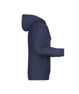 A navy blue men's hoodie featuring a front pocket and a logo on the chest. The hoodie has a classic design with a hood.
