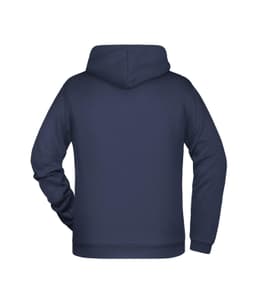 A navy blue men's hoodie with a hood and long sleeves, featuring a plain design on the back.