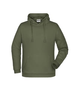 A green men's hoodie with a front pocket and a drawstring hood. It features a logo on the chest.