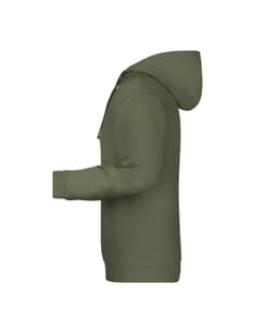 A men's promo hoodie in olive green colour, featuring a hood and long sleeves, with a side view showcasing its style.