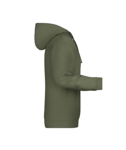A men's hoodie in olive green with a hood and a side view showcasing the fit. It includes a logo.