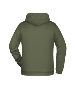 A green hoodie with a hood, featuring a plain back design and long sleeves. Includes a logo on the garment.