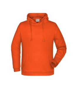 An orange men's hoodie with a front pocket and a drawstring hood, featuring a branding logo.