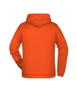 An orange men's hoodie featuring a spacious hood and a relaxed fit, showcasing the back view.