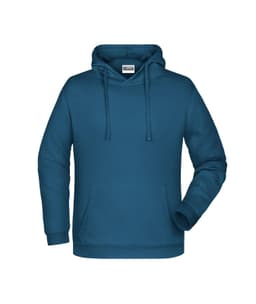 A men's promo hoodie in a deep teal colour, featuring a front pocket and a drawstring hood. It has a logo on it.