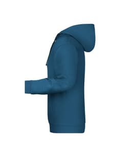 A men's hoodie in a teal colour featuring a hood and a logo, displayed from a side view.