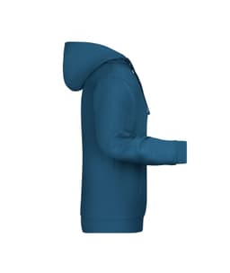 A blue men's hoodie featuring a hood and long sleeves, with a side view showcasing its fit.