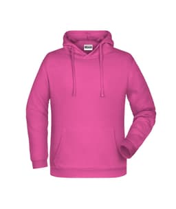 A pink men's hoodie featuring a front pocket and a drawstring hood, with a logo on the chest.