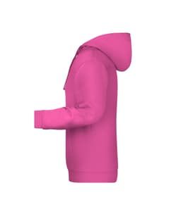 A pink men's hoodie featuring a front pocket and adjustable hood, with a logo on it.