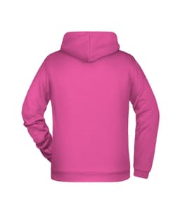 A pink men's hoodie featuring a hood and long sleeves, with a logo on the back.
