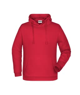 A red men's hoodie featuring a front pocket and a drawstring hood. It includes a logo on the front.