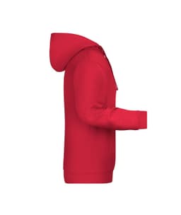 A red men's hoodie featuring a kangaroo pocket and a hood. It has a logo on the front.