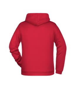 A red men's hoodie featuring a drawstring hood and long sleeves, with a simple design on the back.
