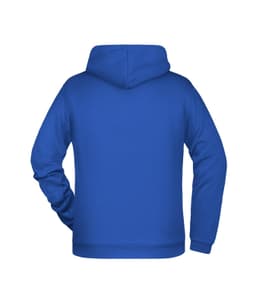 A blue men's hoodie featuring a kangaroo pocket and a hood, with a logo on the back.