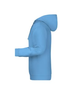 A light blue men's hoodie featuring a hood and a front pocket. It has a logo on the design.