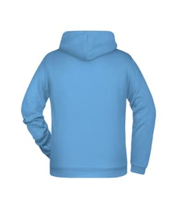 A blue men's hoodie with a spacious hood and long sleeves, featuring a plain back without any text or graphics.