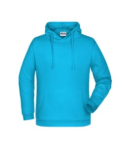 A turquoise hoodie with a front pocket, drawstring hood, and a branded label.